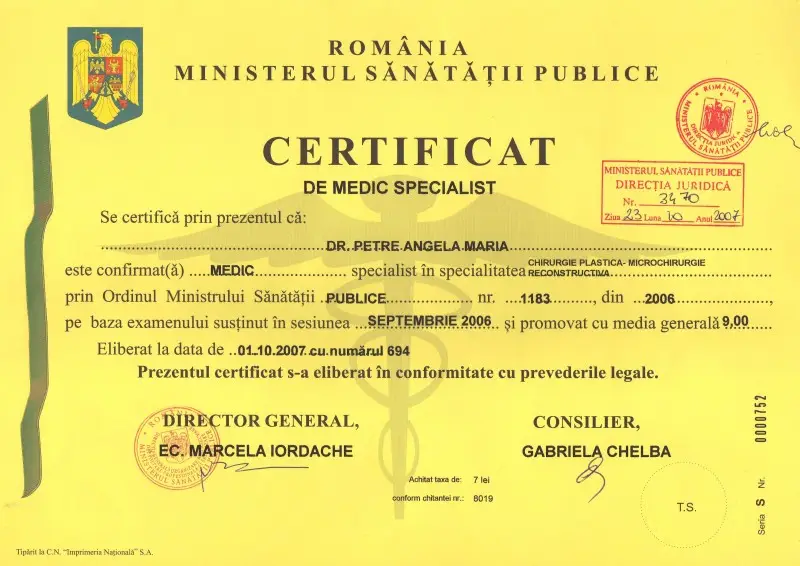 Certificat de Medic Specialist, Dr. Angela Petre