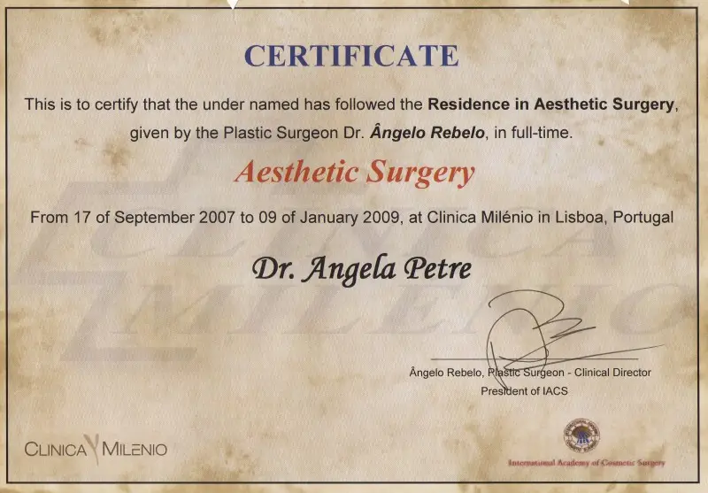 Fellowship in Chirurgie Estetică, Dr. Angela Petre, Lisabona