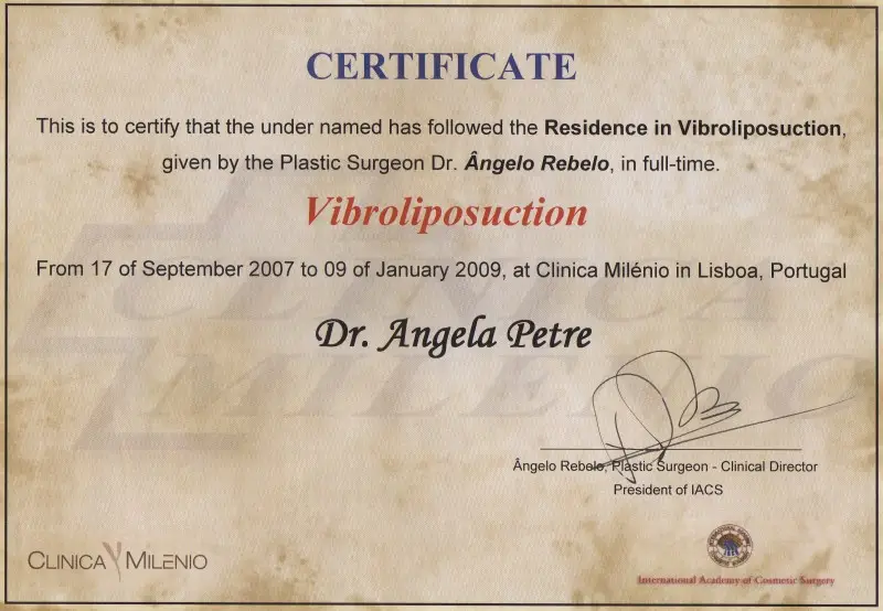 Fellowship in Vibrolipoaspiraţie, Dr. Angela Petre, Lisabona