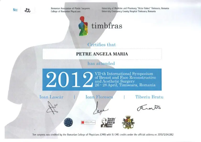 TIMBFRAS – Simpozion Internațional de Chirurgie a Sânului și Feței, Dr. Angela Petre, Timișoara