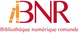 Logo de la Bibliothèque numérique romande avec la mention « BNR » en grosses lettres rouges et un élément graphique ressemblant à des livres en orange. En dessous, le nom complet apparaît en texte rouge.