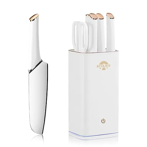 Home 19 Smart Kitchen Knife Set with block๏ผ6 pieces Stainless Steel knives Built-in sharpening rod. Smart Knife block keep cleaning and drying๏ผkitchen smart gadgets smart kitchen appliances (White)