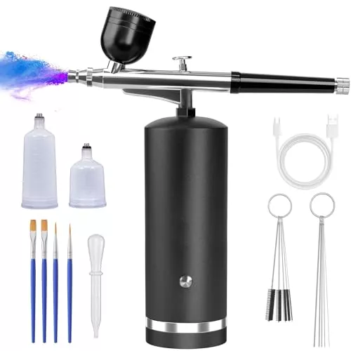 Home 38 Airbrush Kit With Compressor - 48PSI Rechargeable Cordless Non-Clogging High-Pressure Air Brush Set with 0.3mm Nozzle and Cleaning Brush Set for Nail Art, Makeup, Painting, Cake Decor (Black)