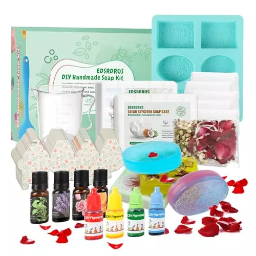 Home 46 EDSRDRUS DIY Soap Making Kit Supplies for Beginners โ 2lbs Melt and Pour Soap Base, Flowers, Molds, Essential Oils, Pigments, 10 Gift Boxes & Bags Included!