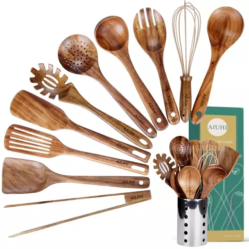 Home 52 Kitchen Utenails Set with Holder,Kitchen Wooden Utensils for Cooking, Wood Utensil Natural Teak Wood Spoons for Cooking,Wooden Kitchen Utensil Set With Spatula and Ladle (11)