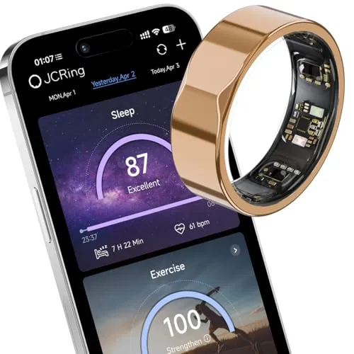 DIIKEN JCRing Smart Ring Fitness Tracker, Sleep Tracking Wearable, Accurate Monitoring of Pedometer, Heart, Temperature, Titanium Ring with Charging Case, APP for iOS & Android(Gold Size8)