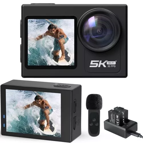 Home 36 Haiita Action Camera 5K 30FPS with 2-in-1 Wireless Mic Remote, Waterproof Camera Underwater 131 FT with Touchable Screen, Sports Camera with EIS Stabilization, 5X Zoom