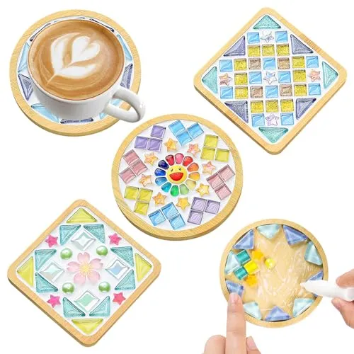 UXORSN 4 Sets DIY Mosaic Coaster Kit Mosaic Tiles for Crafts Mixed Color Glass Mosaic with Wooden Coaster Materials Package Mosaic Craft Kits for Adults Handmade Home Decoration and Art Gifts