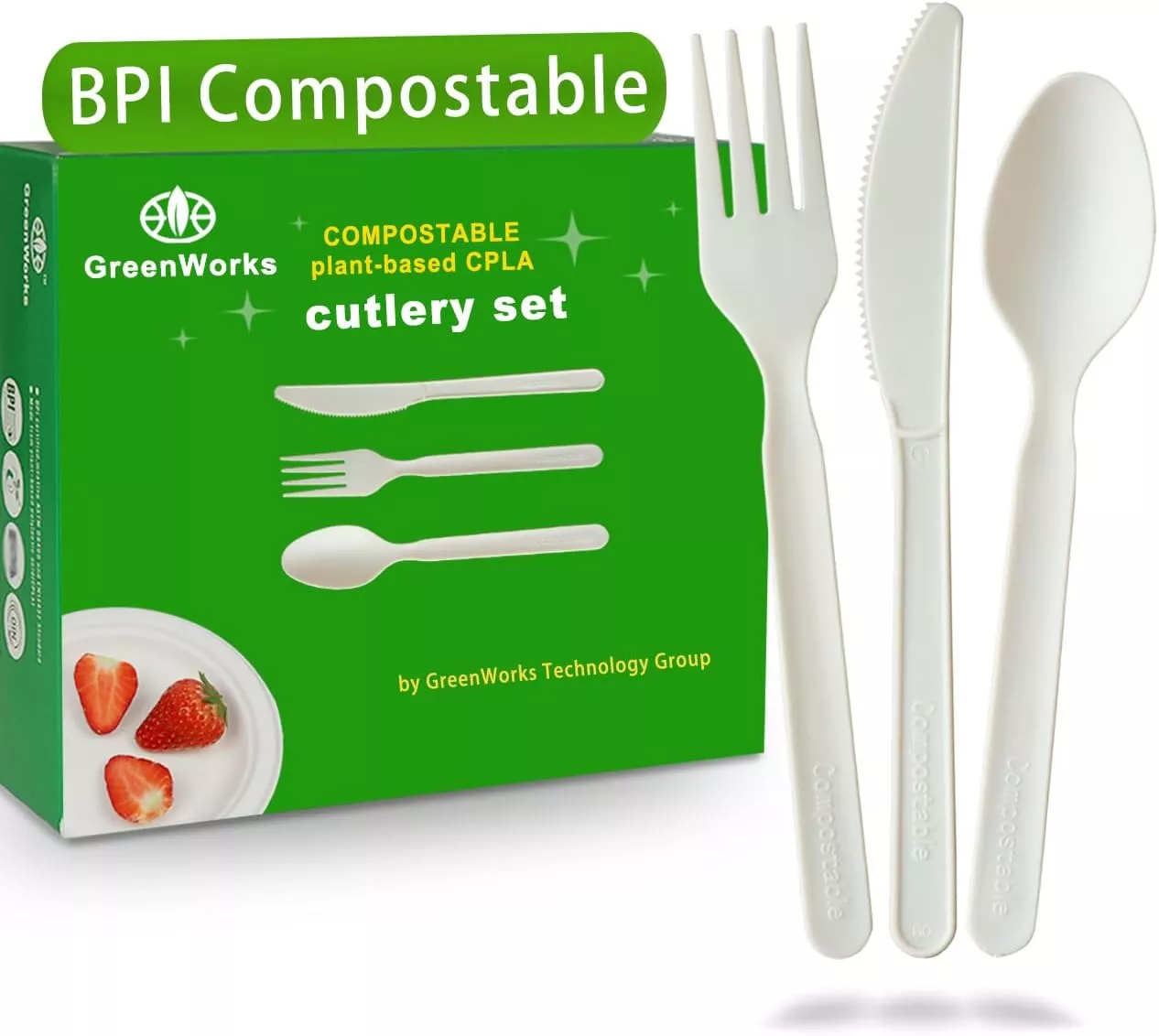 GreenWorks 150 Count 7" Heavy-duty Compostable Utensils,50 Forks 50 Spoons 50 Knives Cutlery Set,BPI Certified Large Disposable Flatware Set