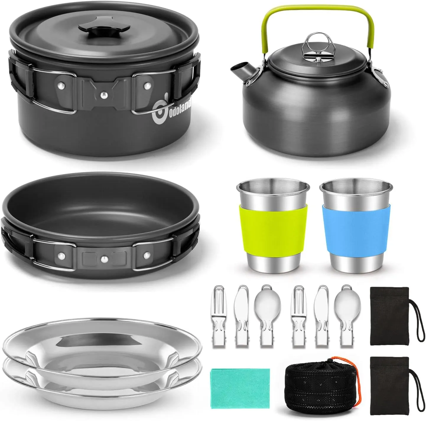 Odoland 15pcs Camping Cookware Mess Kit, Non-Stick Lightweight Pot Pan Kettle Set with Stainless Steel Cups Plates Forks Knives Spoons for Camping, Backpacking, Outdoor Cooking and Picnic 1 Odoland 15pcs Camping Cookware Mess Kit, Non-Stick Lightweight Pot Pan Kettle Set with Stainless Steel Cups Plates Forks Knives Spoons for Camping, Backpacking, Outdoor Cooking and Picnic