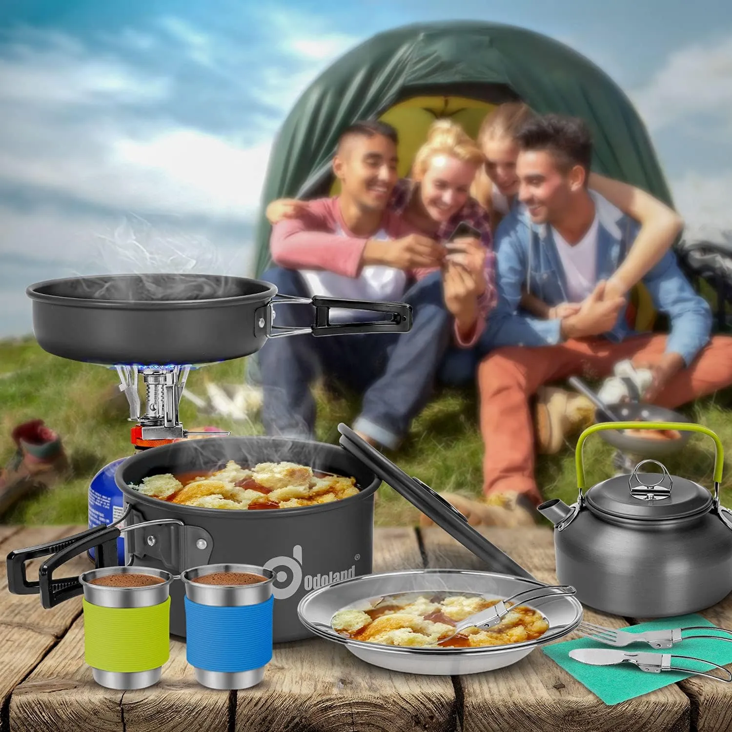 Odoland 15pcs Camping Cookware Mess Kit, Non-Stick Lightweight Pot Pan Kettle Set with Stainless Steel Cups Plates Forks Knives Spoons for Camping, Backpacking, Outdoor Cooking and Picnic 9 Odoland 15pcs Camping Cookware Mess Kit, Non-Stick Lightweight Pot Pan Kettle Set with Stainless Steel Cups Plates Forks Knives Spoons for Camping, Backpacking, Outdoor Cooking and Picnic - Image 9