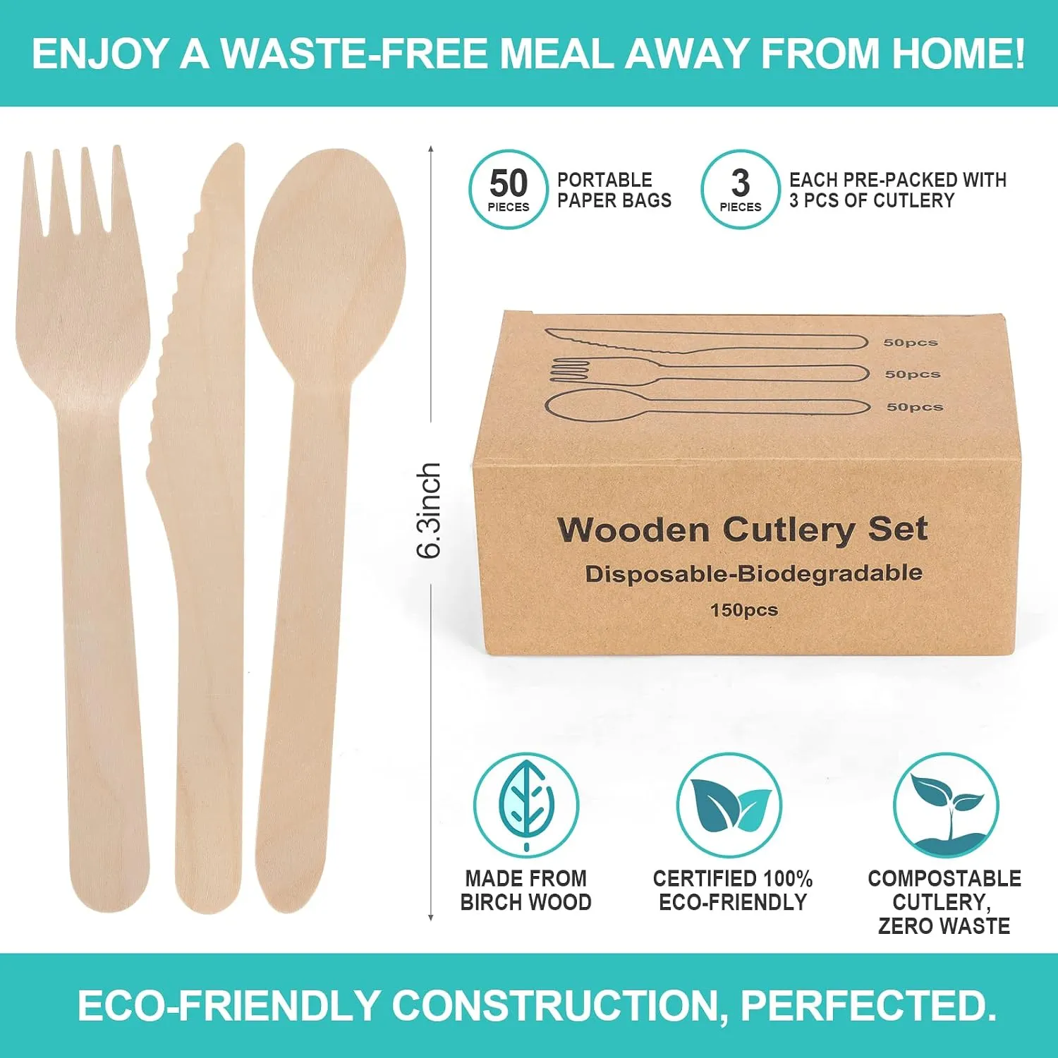 (150 Count) Disposable Wooden Cutlery Set - Alternative to Plastic, Eco Friendly, Biodegradable, Compostable Cutlery Set - 50 Wood Spoons, 50 Wooden Knives & 50 Wooden Forks Disposable Utensils Set 2 (150 Count) Disposable Wooden Cutlery Set - Alternative to Plastic, Eco Friendly, Biodegradable, Compostable Cutlery Set - 50 Wood Spoons, 50 Wooden Knives & 50 Wooden Forks Disposable Utensils Set - Image 2