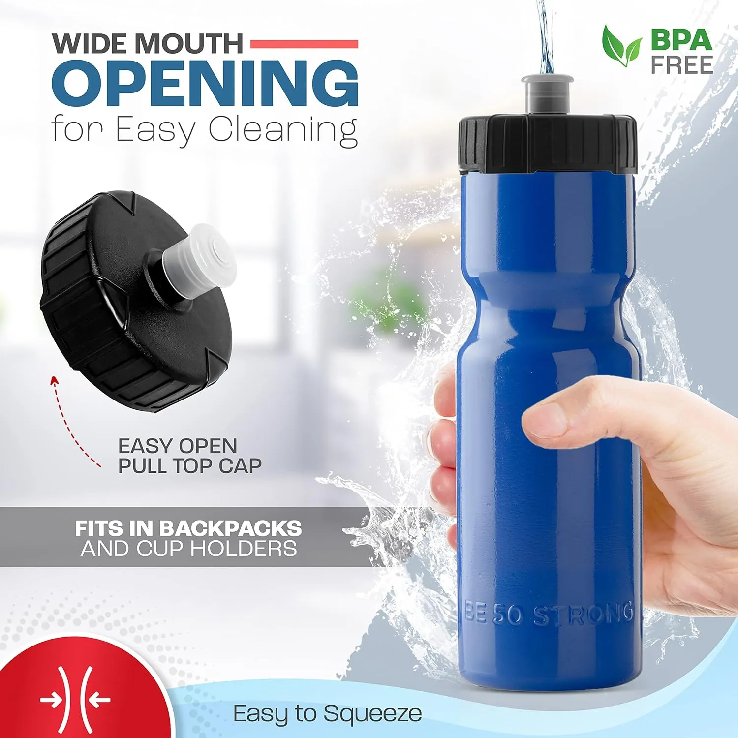 50 Strong Bulk Water Bottles | 24 Pack Sports Bottle | 22 oz. BPA-Free Easy Open with Pull Top Cap | Made in USA | Reusable Plastic Water Bottles for Adults & Kids | Top Rack Dishwasher Safe 2 50 Strong Bulk Water Bottles | 24 Pack Sports Bottle | 22 oz. BPA-Free Easy Open with Pull Top Cap | Made in USA | Reusable Plastic Water Bottles for Adults & Kids | Top Rack Dishwasher Safe - Image 2
