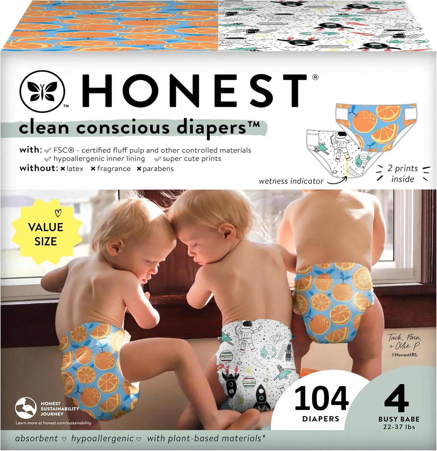 The Honest Company Clean Conscious Diapers | Plant-Based, Sustainable | Space Travel + Orange You Cute | Super Club Box, Size 4 (22-37 lbs), 104 Count 1 The Honest Company Clean Conscious Diapers | Plant-Based, Sustainable | Space Travel + Orange You Cute | Super Club Box, Size 4 (22-37 lbs), 104 Count
