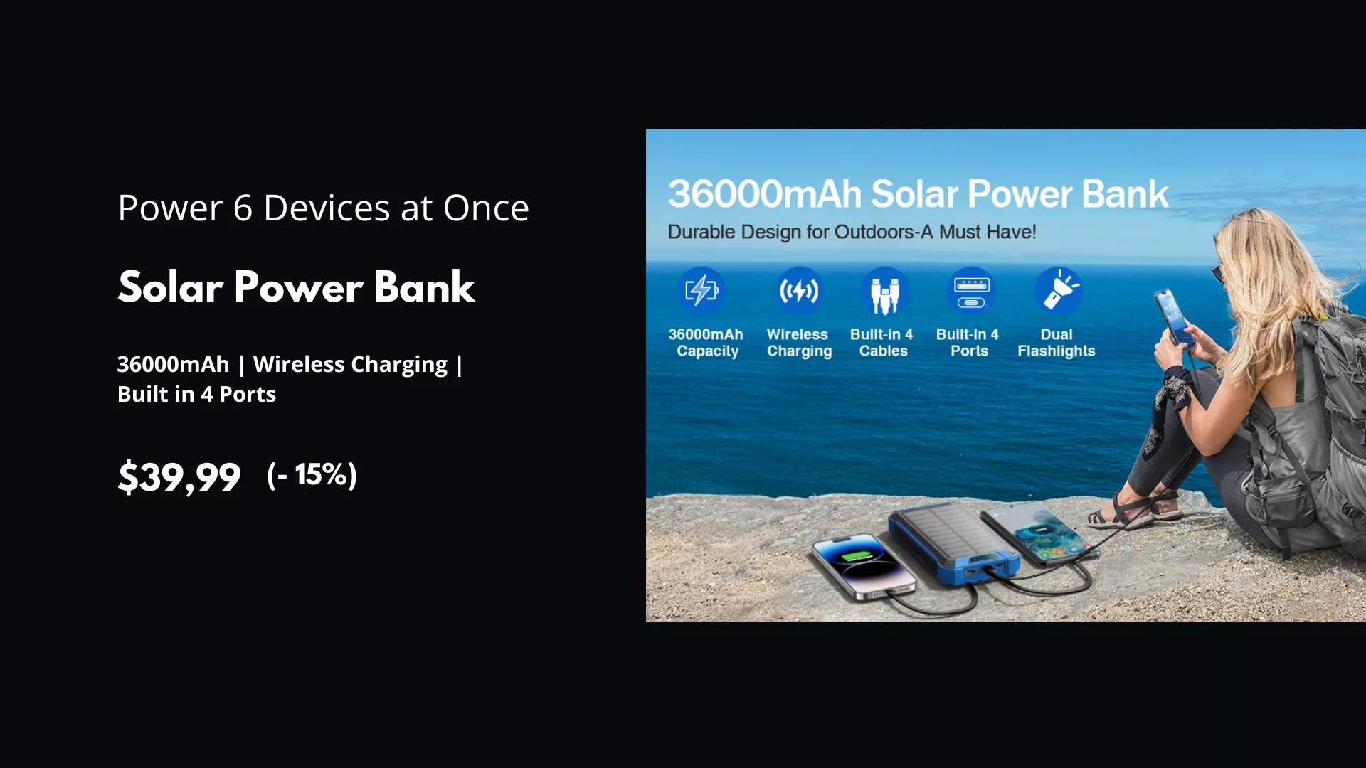 Solar Power Bank - black Home
