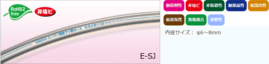 スーパー柔軟フッ素チューブ(E-SJ)は、内層フッ素樹脂(ETFE系)のため、薬品・有機溶剤(メチルエチルケトンMEK、メチルピロリドン、アセトン、キシレン等)にも使用可能です。外層はウレタン樹脂のため柔軟性・機械的強度に優れています。