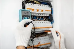 a close up of an electrician wearing white safety gloves testing an electrical panel with a voltmeter electrical testing tool