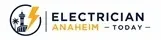 Electrician Anaheim Today Header Logo represented by a circular navy outline containing a gold lightning bolt, a palm tree, and an Anaheim-inspired observation tower. Below the icon is modern navy and gold text reading 'Electrician Anaheim Today, Anaheim California.