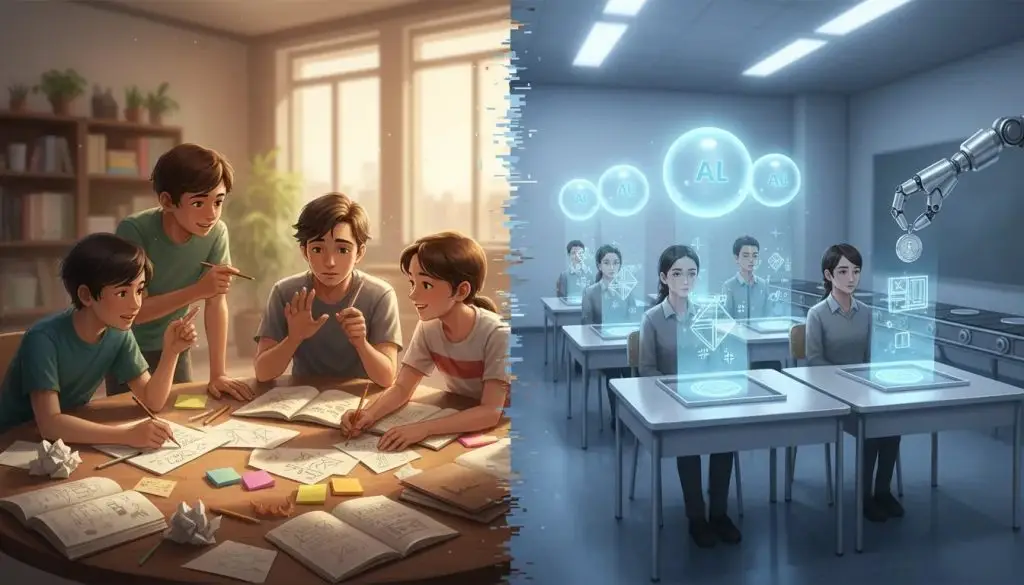 Split scene showing kids collaborating on learning vs. students receiving automated grades through AI technology.