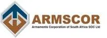 ARMSCOR logo with Armaments Corporation of South Africa SOC Ltd text, featuring a geometric emblem in blue and brown.