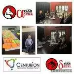 Collage showing Centurion Business Forum meeting, logos of Power Team Alpha and Delta, sticky notes on a table, and attendees in a discussion.