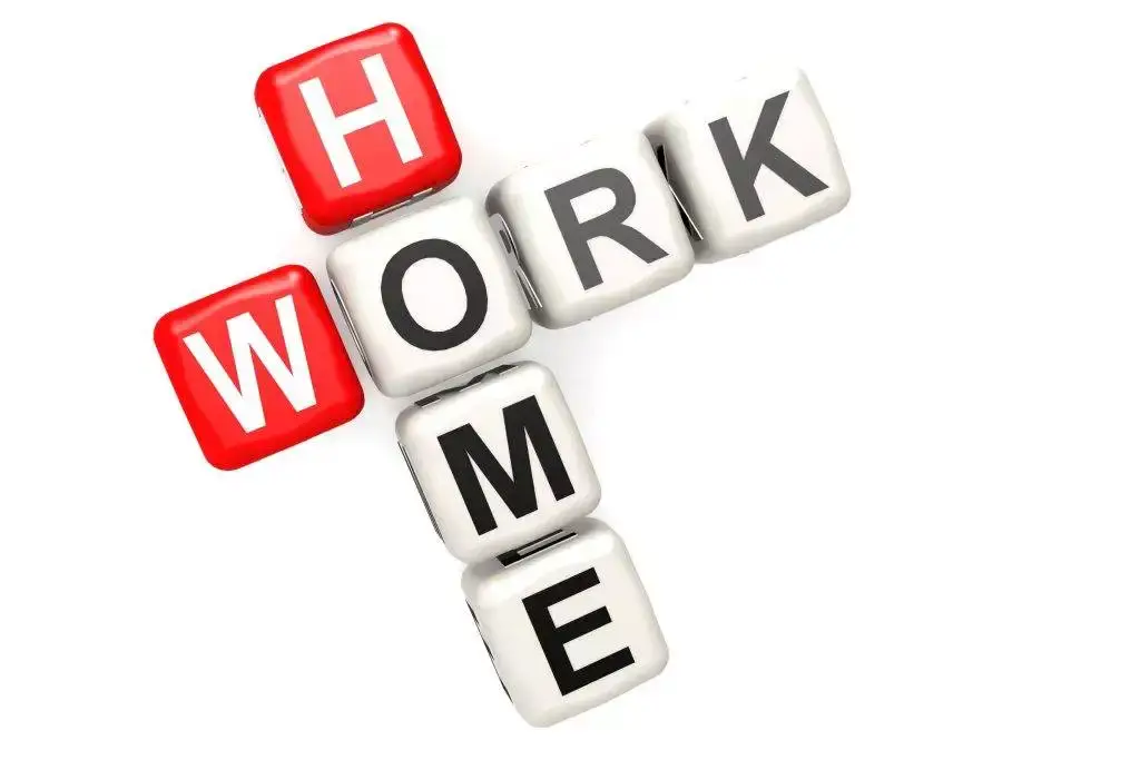 Dice spelling "WORK" in black on white cubes, intersected by "HOME" in white on red cubes, forming a crossword style layout.