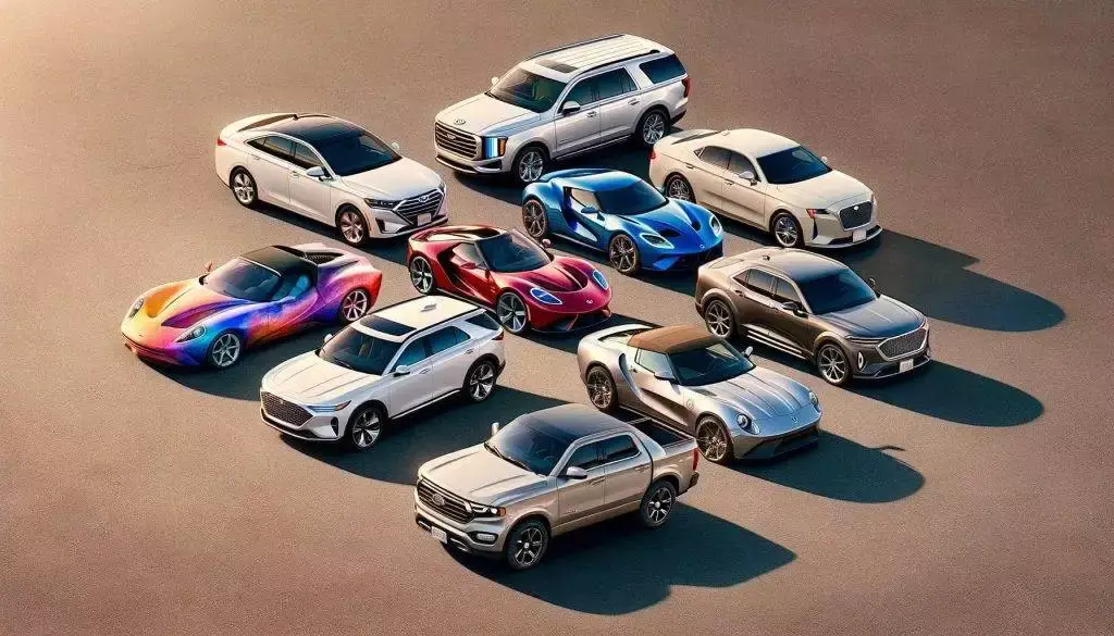A variety of colorful cars paired to different Enneagram types, showcasing diversity in car preferences and personality traits.