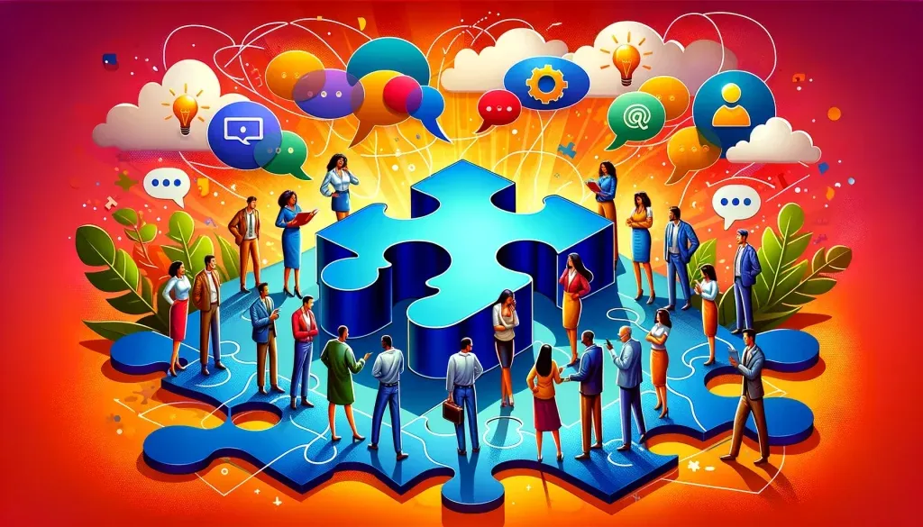 Illustration of diverse professionals interacting around large blue puzzle pieces, with colorful speech bubbles, gears, and light bulbs overhead.