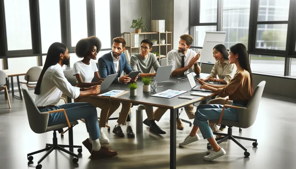 A diverse group of professional people collaborating around a modern conference table in a bright, contemporary office setting. The scene shows a team