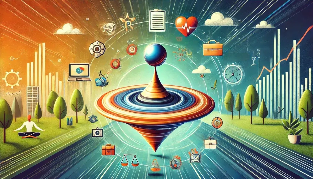 Illustrated balance with rotating top, surrounded by symbols of work, health, nature, and technology, symbolizing life balance.