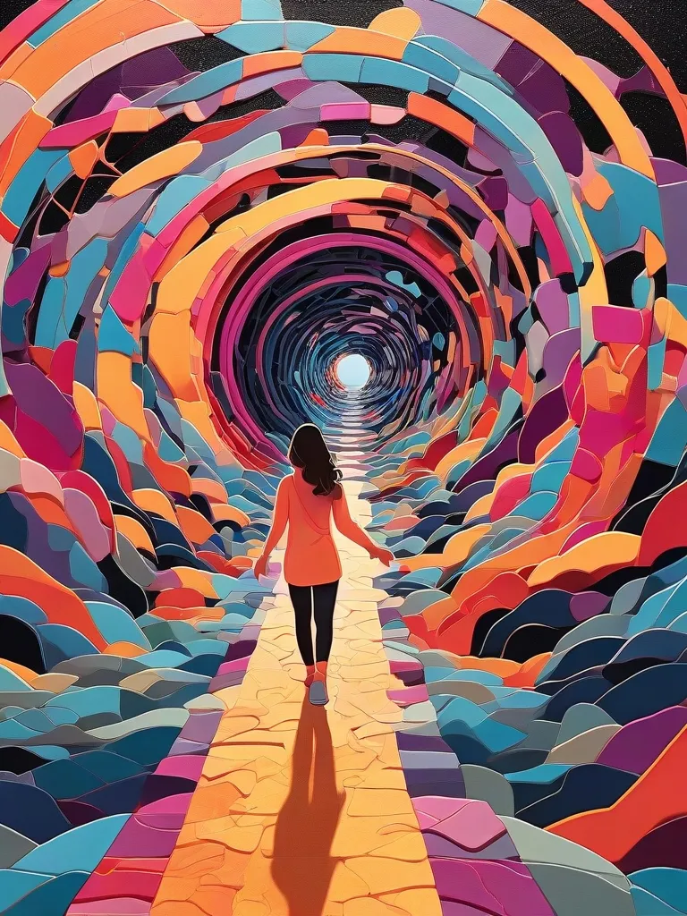 A woman walks through a vibrant, abstract tunnel, symbolising routines and habits leading to personal transformation.