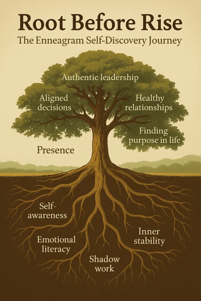 Tree depicting Enneagram Self-Discovery journey with keywords like self-awareness, leadership, and purpose in life.