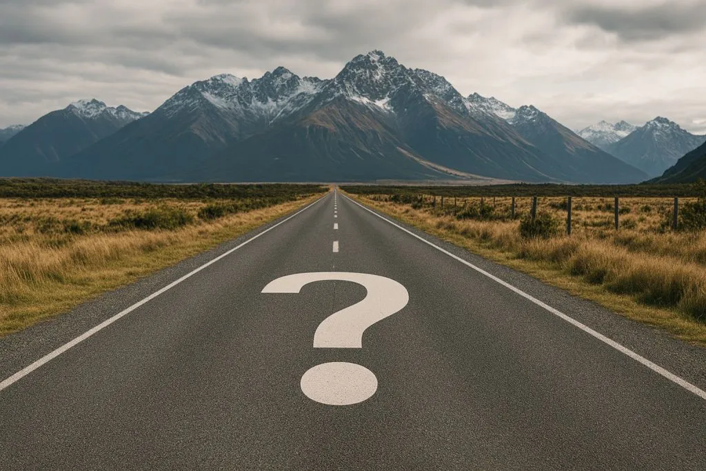 A winding road leads to mountains, featuring a large question mark, symbolizing challenges of working in uncertain times.