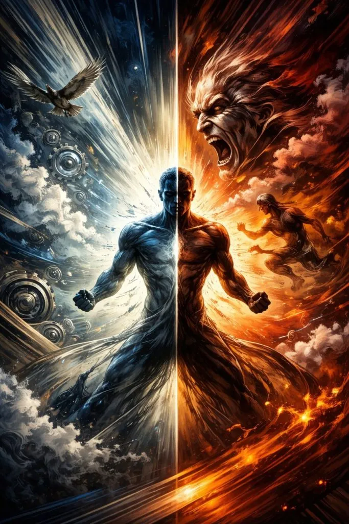 A split image showing a figure embodying conflict, symbolizing "The Enemy Within" and conscious decision-making.