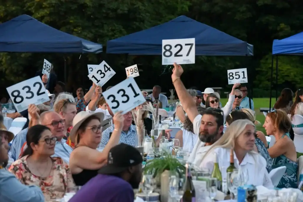 People at an outdoor auction raise numbered paddles to bid.