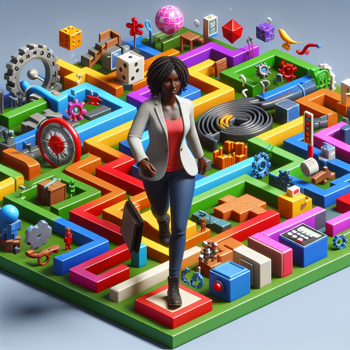 A game designer navigating a 3D maze.