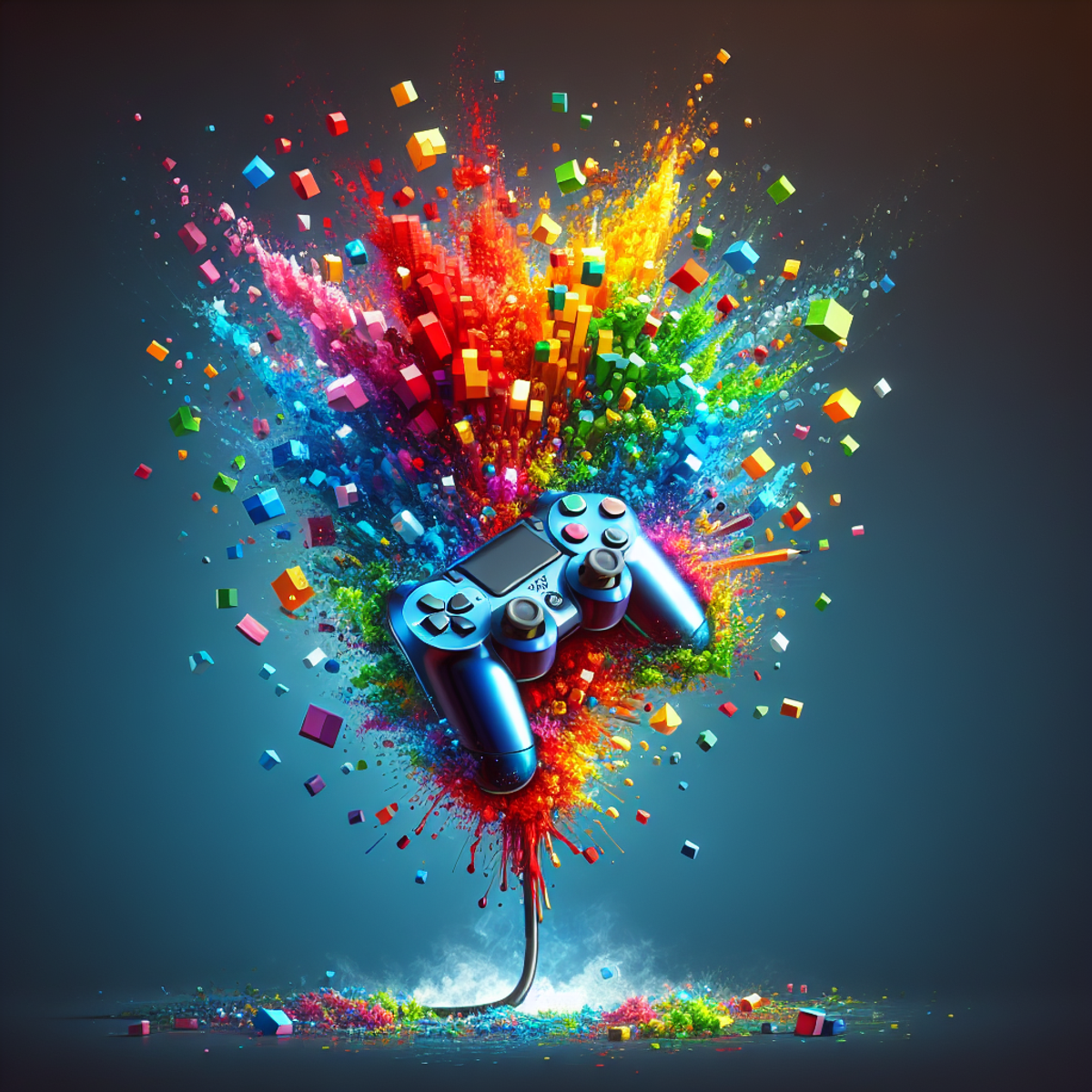 indie game design mistakes: A vibrant explosion of pixels surrounds a polished game controller, symbolizing the excitement and immersive qualities of independent video games.