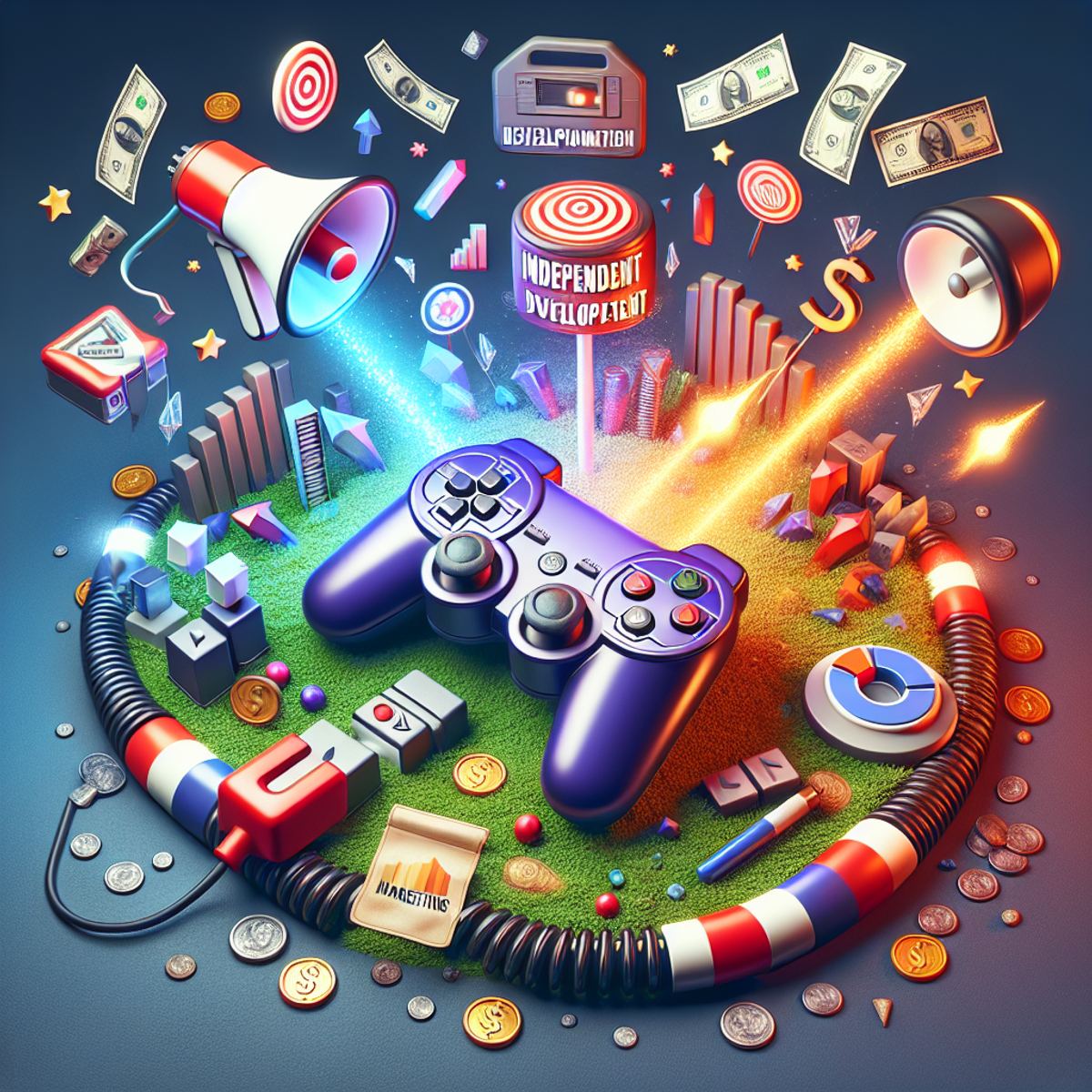 indie game design mistakes:A vibrant image depicting marketing for independent game development, featuring a detailed game controller surrounded by various marketing elements such as a bullhorn, magnet, flying dollar bills, and a bar chart.