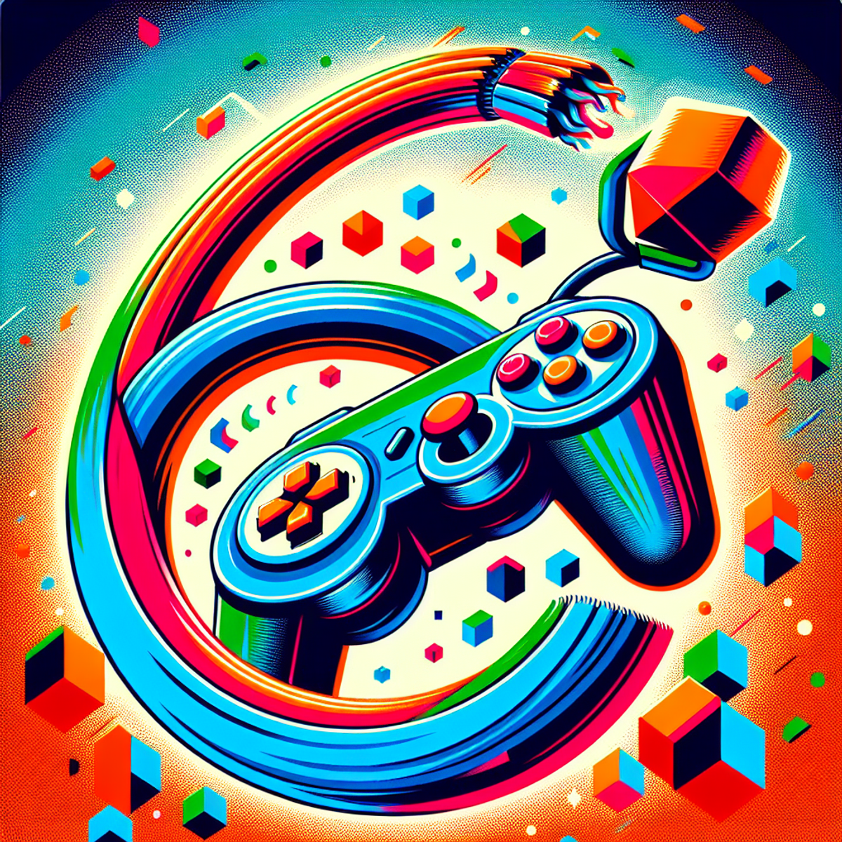 A game controller breaking free from a loop, symbolizing disruption and escape in indie game development.