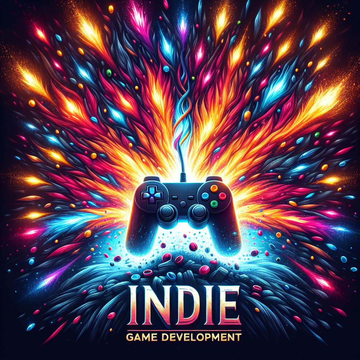 indie game design mistakes:A game controller surrounded by vibrant bursts of colorful sparks, representing the passion and excitement of indie game development.
