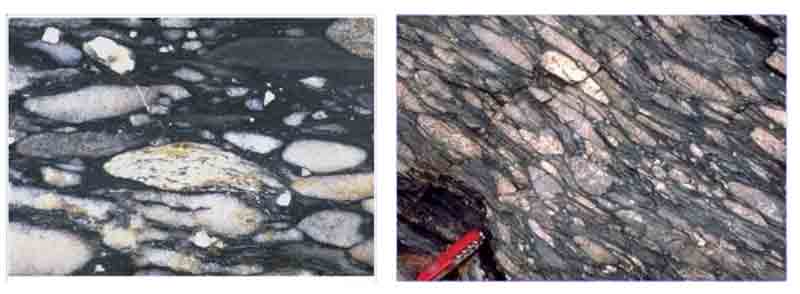 Lineation given by elongated or stretched pebbles