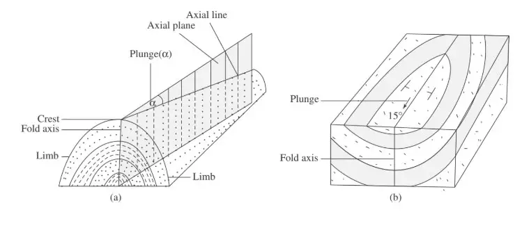 Different parts of a fold: (a) an anticline; (b) a syncline