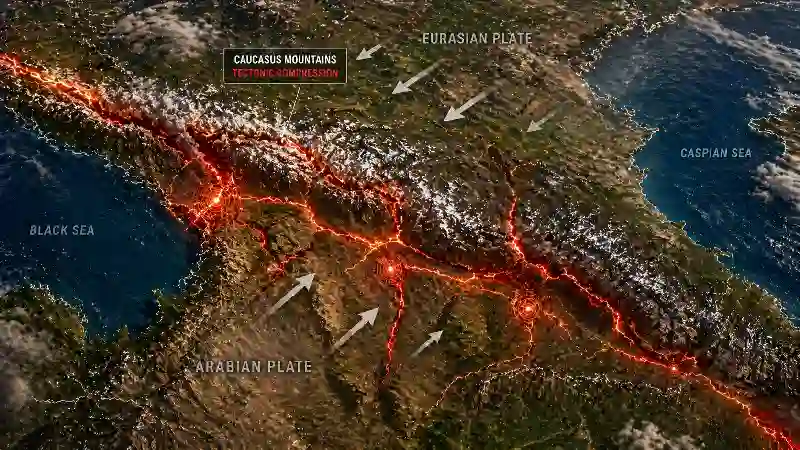 Caucasus mountains tectonic compression