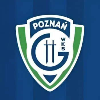 A blue and white shield-shaped logo with a green outline, featuring the word POZNAŃ at the top, two crossed swords, the letters WKS, and a stylized letter G in the center—ideal for a motorsport sponsor or brand ambassador.