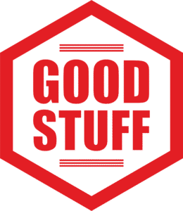 Red hexagon outline with the words GOOD STUFF in bold red capital letters inside, along with three horizontal red lines above and below the text, all on a black background.
