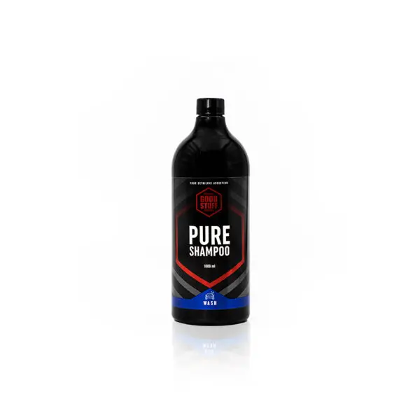 A black bottle labeled Body Scrub Pure Shampoo 1000 ml, with a blue accent at the bottom, stands upright against a plain white background—perfect for those seeking premium car wash products.