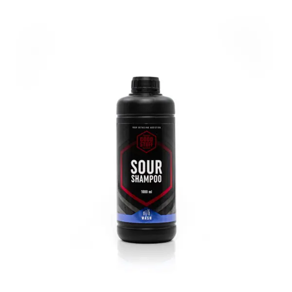 A black 1000 ml bottle of Good Stuff Sour Shampoo, a favorite in car wash products and snow foams, with a blue label and black cap, stands upright against a plain white background.