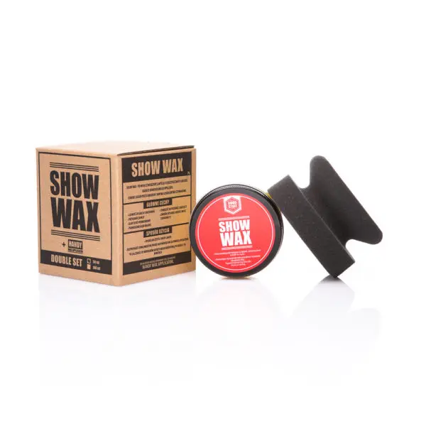 A set of exterior car care products on a white background, featuring a brown box labeled Show Wax, a round tin with a red Show Wax label, and a black foam applicator—perfect for maintaining your shine after using snow foam.