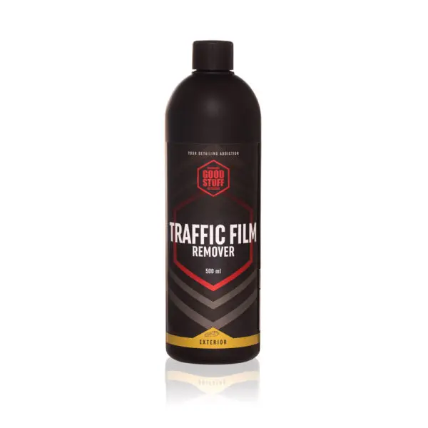 A black 500 ml bottle labeled Good Stuff Traffic Film Remover with red and white text, designed for exterior car care. The bottle has a black cap and a modern, bold label—perfect for use before snow foam or car wax applications.