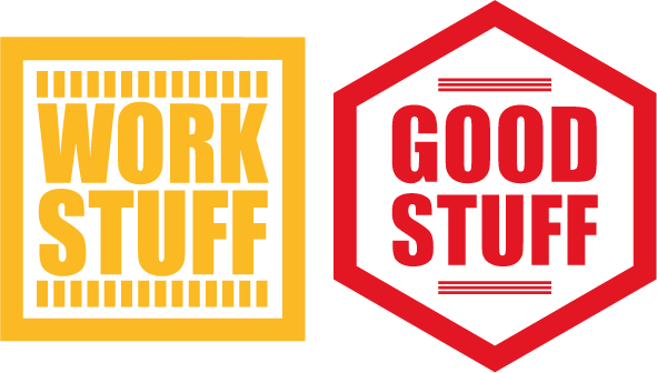 Zwei plakative Logos: links ein gelbes Quadrat mit dem Schriftzug WORK STUFF in Großbuchstaben, rechts ein rotes Sechseck mit dem Schriftzug GOOD STUFF in Großbuchstaben - perfekt für jede Projektbotschafter-Kampagne.